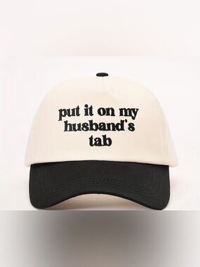 Put It On My Husbands Tab Ivory & Black Embroidered Baseball Cap